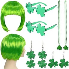 Rosulasi 성 패트릭의 날 레프리콘 요정 코스튬 액세서리 그린 밥 가발 토끼풀 목걸이 네잎 클로버 잔 성 패트릭의 날 귀걸이 여성용 성인 아일랜드 파티 장식