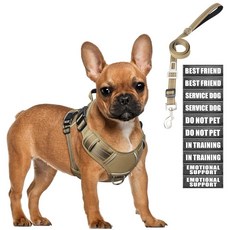 ECLATIS MOOGROU 대형견을 위한 전술 강아지 하네스 및 목줄 세트 튼튼한 당김 없는 서비스 조끼 안전 프리미엄 벨트가 있는 패치 10개 훈련 걷기 하이킹용 반사, 브라운