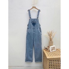 CHILL 韓系牛仔愛心吊帶牛仔褲 女生 牛仔背帶褲 小個子連衣褲子 寬鬆減齡 吊帶褲