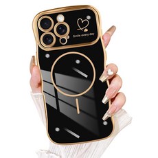 Fiyart 아이폰 16 플러스 전용 케이스 귀여운 웨이브 프레임 컬리 모양 러브 하트 도금 여성용 여아용 카메라 보호 MagSafe 마그네틱 충격 방지 범퍼 17cm(6.7, iPhone 16 Pro Max, 블랙