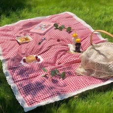 레이스 테두리가 달린 직사각형의 피크닉 담요 캠핑 해변 나들이 촬영 배경에 적합 1벌, 체크, 붉은색