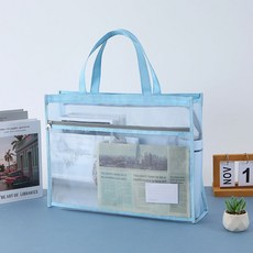 超大8K美術袋手提袋 畫夾袋尼龍網紗網格 A3畫冊袋收納冊 透明文件袋, 1個, A3/透明尼龍/畫冊袋/天藍色