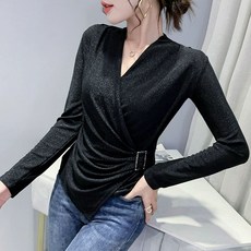 여성라인댄스복 상의 라틴 스포츠 댄스 빅사이즈 브이넥 시스루 긴팔 티셔츠 가을 이너 레이어드 랩