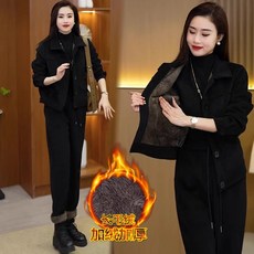 완구 블럭 놀이 빌딩 호환 취미 블록 겨울용 두꺼운 플리스 여성 정장 루즈핏 캐주얼 패션 세트 슬리밍 작은 체형 투피스 긴팔 버튼 여밈, [02] 엑스라지, [21] 블랙 세트  [ 기모 ]