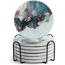 세라믹 흡수성 컵받침 6개 세트 홀더 포함 커피 테이블용 대리석 음료 컵받침 수분 흡수 스톤 컵받침 (임프레션), Twinkle Black