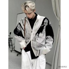 秋冬水墨扎染荊棘開衫毛衣男拉鍊外套 痞帥高級感慵懶風針織衫【臺灣出貨】