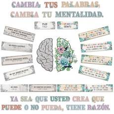 Gisgfim 34피스 스페인 게시판 다육 식물 스페인어 교실 성장 마인드셋 포스터 영감을 주는 긍정적인 말 액센트 디스플레이 세트 교사 학생 초등학교 중학교 용품