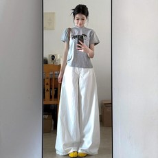 韓系純棉夏季女運動套裝 休閒短袖T恤闊腿褲兩件套