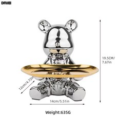 DFMEI 陶瓷熊擺件帶托盤客廳玄關鑰匙收納托盤酒櫃桌面裝飾擺件存錢罐, 銀熊金盤