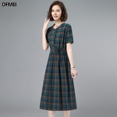DFMEI 트렌디 캐주얼 트렌디 체크 반팔 원피스 여중 롱 키 작은 여자 여름
