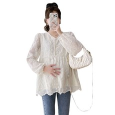 임산부 봄 긴팔 티셔츠 임부 루즈핏 브이넥 레이스 블라우스 패션 임부복 상의 YXF