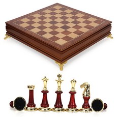 歐式豪華實木抽屜式國際象棋，嵌金屬西洋棋，桌面擺件, 1個, 長38*寬38*高12CM