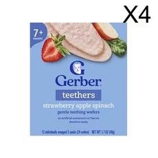 거버 아기용 스낵 티더 부드러운 치아 발육 웨이퍼 7개월 이상 개별 포장 2팩 12개 각 4g(0.14oz), 딸기 사과 시금치, 48g, 4개