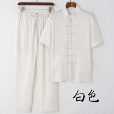 彈力冰絲亞麻唐裝套裝 男士短袖夏季中國風長褲上衣