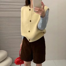 심플 원목 단추 순색 니트 조끼 가디건 봄가을 부드러운 착용감 쌓기 착용 스웨터 조끼 여성용