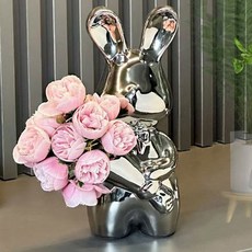 인테리어 소품 세라믹 토끼 꽃다발 조화 화병 세트 10, 실버