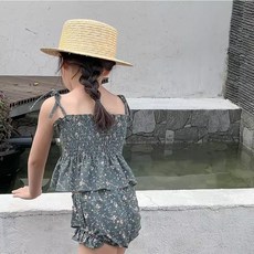 愛北鼻 兒童分體泳衣 韓系碎花綁帶泳衣