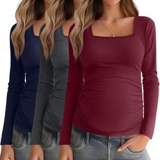 Baggyfly 3팩 여성용 임산부 셔츠 긴소매 사이드 주름 장식 임산부 상의 스퀘어넥 기본 튜닉 니트 엄마 의류 그레이 화이트 핑크 M, S, 네이비 블루, 다크 그레이, 윈드 레드