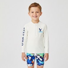 UPPERCUT 주니어 반집업 공룡 래쉬가드 3종세트 남아 계곡 워터파크 물놀이 수영복+수영모 세트 플랩캡 포함