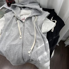 休閑運動風連帽馬甲男夏大碼寬松無袖拉鏈開衫坎肩外套