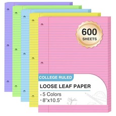 600 Sheets Loose Leaf Paper 8 x 10.5 5 Colors Lined College Ruled 3 Ring Binder 120 Sheets/Color, 5 Colors-600 Pcs