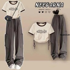 工裝套裝 2023夏季甜酷套裝女 美式復古短袖T恤 高腰嘻哈工裝褲兩件套