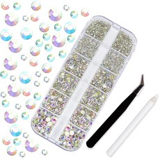 VICHE CATT 네일 파츠 네일 라인스톤 비즈 핀셋과 왁스 펜슬 포함 3D 마름모형 하트 직사각형 원형 데코 파츠 (원형 레인보우 크리스탈)