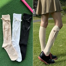 바이진주리본 옆 리본 여성 골프 무릎 반 양말 니삭스, 2. 베이지 Beige, 1개