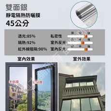 【奧本舖】靜電隔熱貼 隔熱貼 窗戶隔熱紙 隔熱紙汽車 隔熱紙窗戶 隔熱紙 玻璃隔熱紙 靜電貼 隔熱 窗貼 防窺窗貼, 靜電免膠款-雙面銀45公分寬