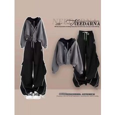 學生韓版假兩件學院風連帽衛衣女春秋新款寬鬆顯瘦闊腿工裝褲套裝