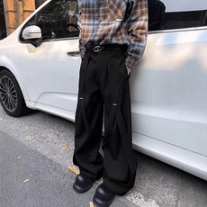栩泰 痞帥解構拼接西褲，直筒微喇拖地設計，高腰垂感美式休閒風格