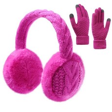 BUTITNOW 여성용 니트 퍼지 귀마개 및 터치 스크린 장갑 세트 겨울용 따뜻한 헤드밴드 이어 워머 귀마개 핑크 156144, 장미