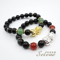 【Selene】聚財擋煞黑彩曜貔貅手珠(金銀二款任選 9-10mm), 銀色, 1個