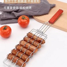 防烤焦不銹鋼烤肉架，戶外露營BBQ烤網，香腸熱狗燒烤夾，野營燒烤工具, 1個, 不銹鋼原色