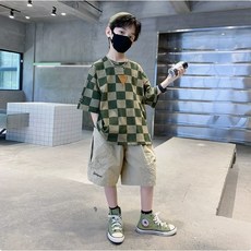 키즈목마 kid's horse 2025 봄여름 남아 세트 남아 포인트체크 반팔+반바지 세트 주니어 상하복 세트 티 카고반바지 세트 571