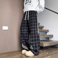 斜切闊腿休閒褲 垂感長褲 潮牌男褲 三槓格子設計 灰色秋季款 高腰百搭 垂墜顯瘦