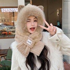 皮克 圍脖 帽子圍巾秋冬季女可愛百搭毛絨一體連帽編織圍脖戶外騎行防寒保暖