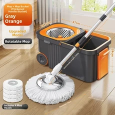 두꺼운 회전식 가정용 통 자동 핸즈프리 청소 도구 (바닥 먼지 제거 및 패드 세척용), 03 4개 헤드 + 이동식 회전 밀대  [회색/주황색]