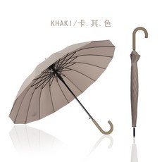 긴 손잡이 우산 나무 일자형 비와 햇빛 차단 순색 신선한 스타일 2인용, 브라운 컬러 핸들 카키
