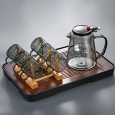 飄逸杯 茶水分離 按式耐熱玻璃泡茶壺 沖茶器 灰色, 1個, 【9件套】飄逸壺+小茶杯*6+杯架+茶盤
