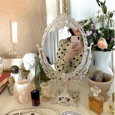 歐式高清化妝鏡子臺式雙面旋轉梳妝鏡, 復古雙面公主鏡麥桔杆添加 衝量款,旗艦麥桔杆加厚米白橢園形特大號