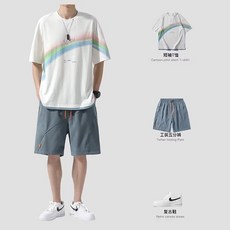 男運動裝 夏天男裝 男性套裝 套裝衣褲2024夏季新款休閒運動套裝男短袖T恤潮牌五分短褲寬鬆港風兩件套
