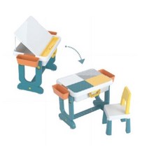 哩哩摳摳 多功能成長型積木畫畫桌 一桌一椅 兒童學習桌椅組 兩用畫板 適用2-10歲 黃白藍, 一桌一椅 黃白藍(市面積木通用)