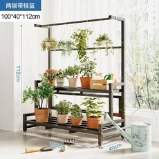 계단식 화분 진열대 철제 스테인레스 정리 3단 선반 60CM, 100CM 걸이바구니가 달린 검은색 이중 레이어