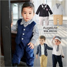 Augelute 男童長袖連身衣 兒童學院風紳士造型服 男寶寶嬰幼兒紳士連身裝 小花童西裝服