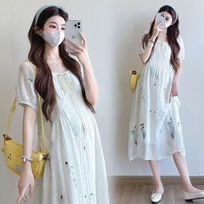 孕婦裝夏季2026新款法式刺繡花朵氣質優雅顯瘦減齡中長款連衣裙