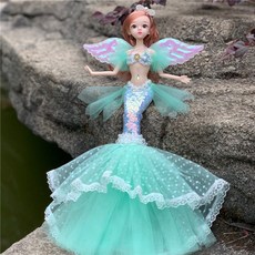 [더하얀] 12 인치 인어 인형 Bjd 장난감 관절 이동식 결혼식 입체적인 눈 옷 분리형 드레스업 소녀 생일 선물, [13] Green wing, 1개