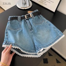 ZAJA 여성 여름 와이드 데님 반바지 블루 레이스 수술 하이웨스트 청 반바지