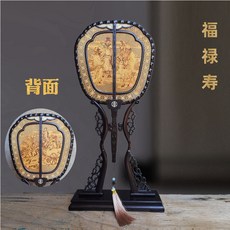 奢尚匯品 黑檀嵌檀香長柄宮扇 鏤空木質古典中國風 美女圖 工藝禮品, 黑檀嵌檀香宮扇-福祿壽,32*12*64cm, 1個