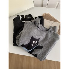 奈看服飾 10%羊毛保暖可愛小黑貓咪 軟糯圓領羊毛衫毛衣上衣 保暖休閒減齡, 灰色